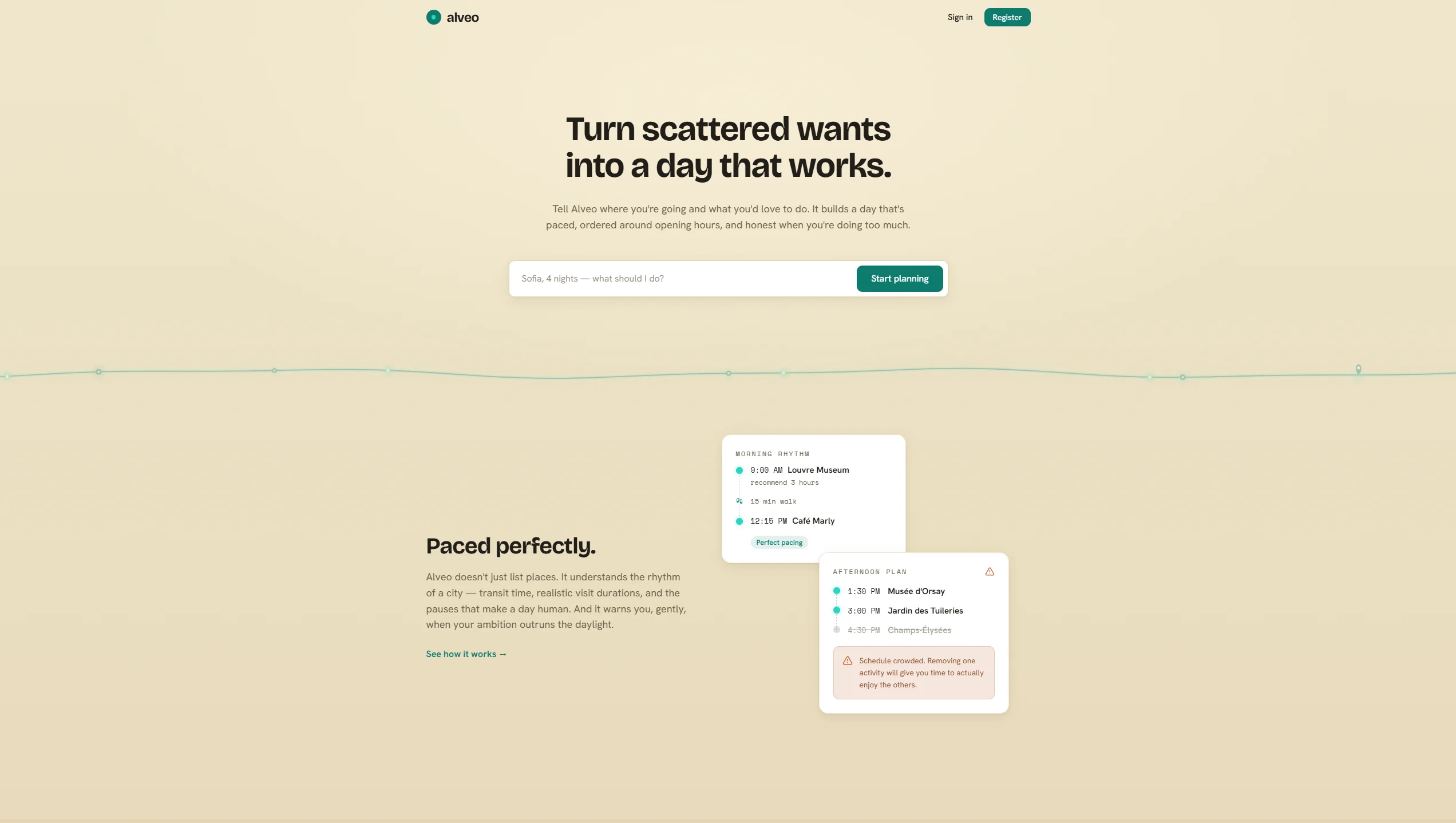 Alveo landing page — turn scattered wants into a day that works