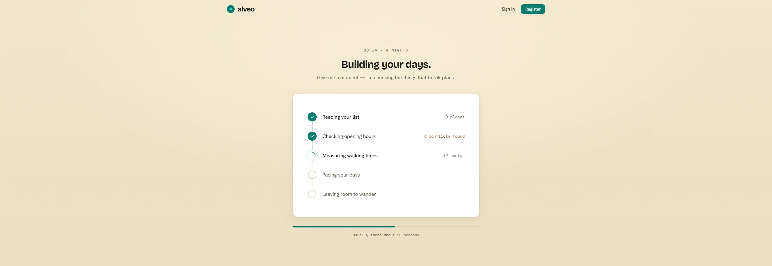 Alveo building-your-days progress screen