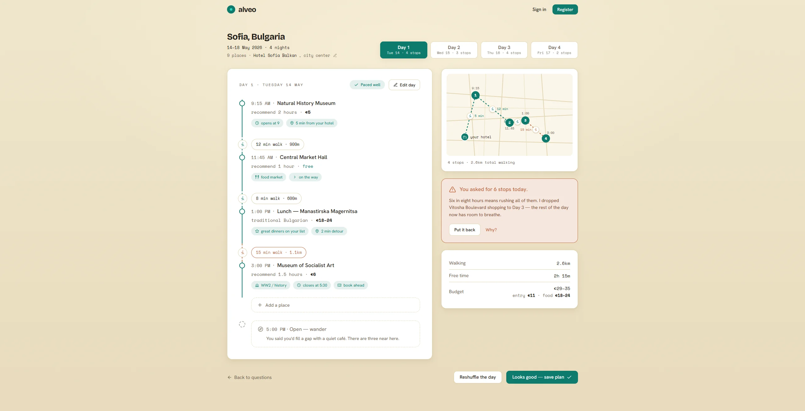 Alveo Sofia day plan — timeline and map