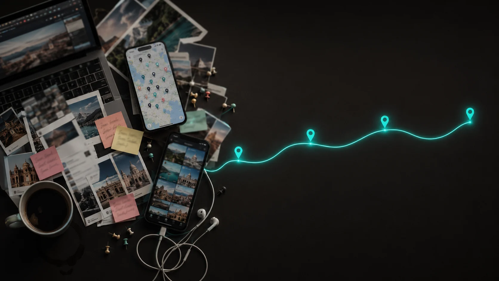 A flat-lay of scattered travel research — photos, sticky notes, a laptop and phones — resolving into a single glowing teal route on the right