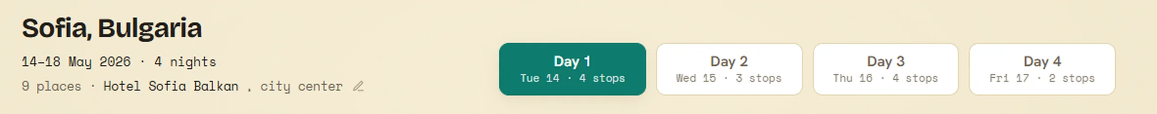 Alveo trip bar — Sofia, Bulgaria with editable days