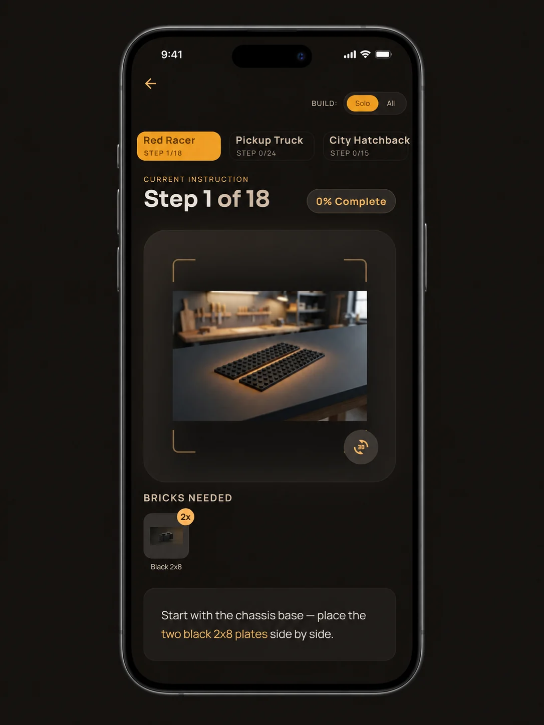 Buildable step-by-step guided build screen on iPhone