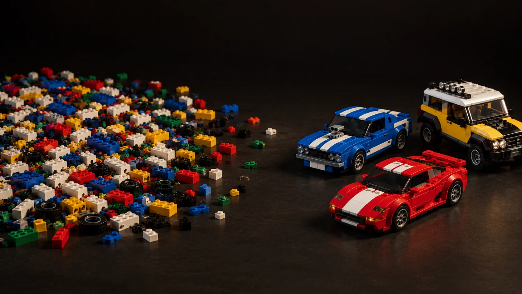 A messy pile of colorful LEGO bricks on the left resolving into finished built cars on the right