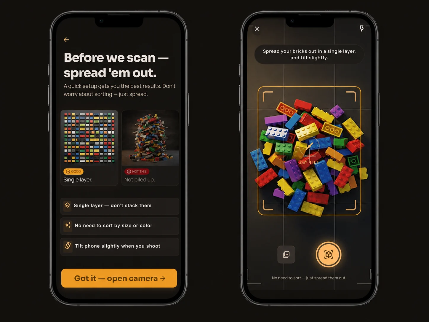 Buildable pre-scan prep-instructions and camera capture screens on two iPhones