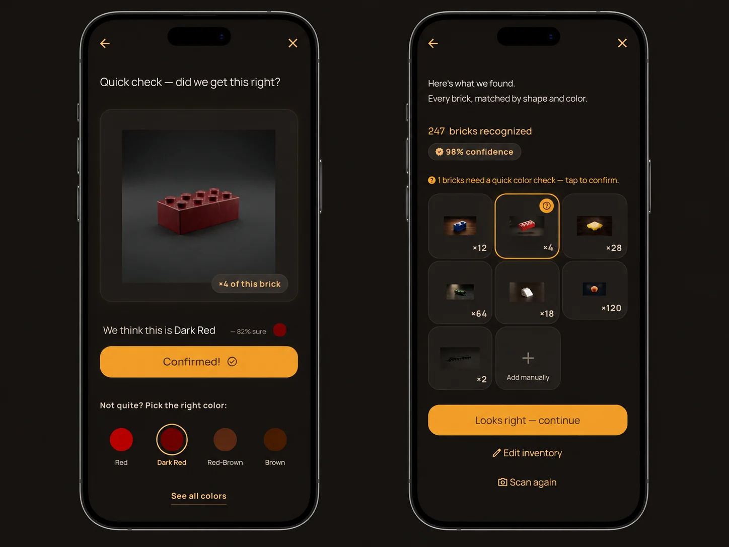 Buildable color verification and color-inventory screens on two iPhones