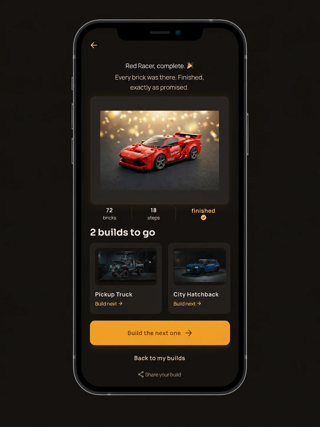 Buildable 'build complete' success screen on iPhone