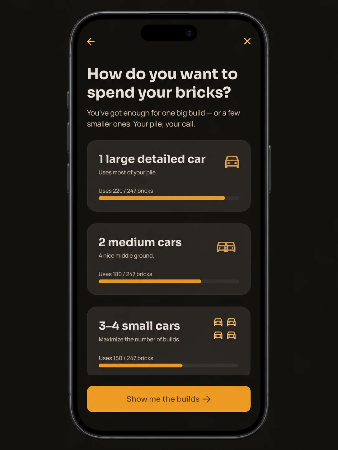 Buildable 'how to spend your bricks' screen on iPhone