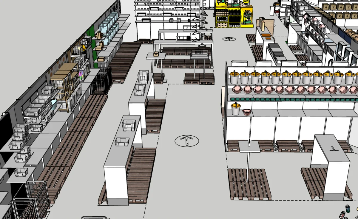 Eye-level 3D render of the redesigned trail — floor wayfinding arrow with dashed trail line down the centre of the aisle